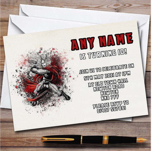 Thor Watercolor Splatter personalized Children's Birthday Party Invitations