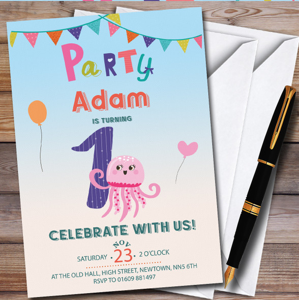 Octopus Balloons 1St personalized Children's Kids Birthday Party Invitations