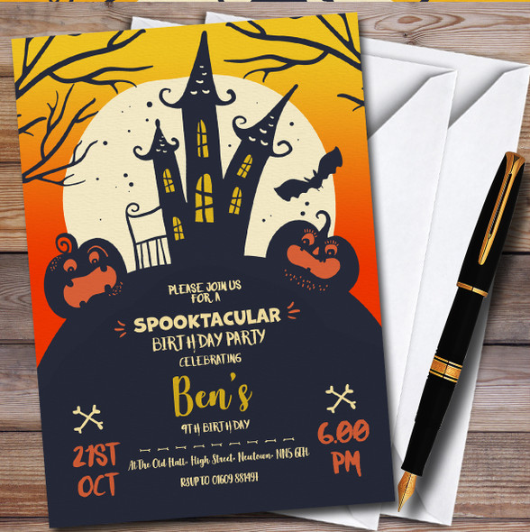 Orange Haunted House Spooky Halloween Children's Birthday Party Invitations