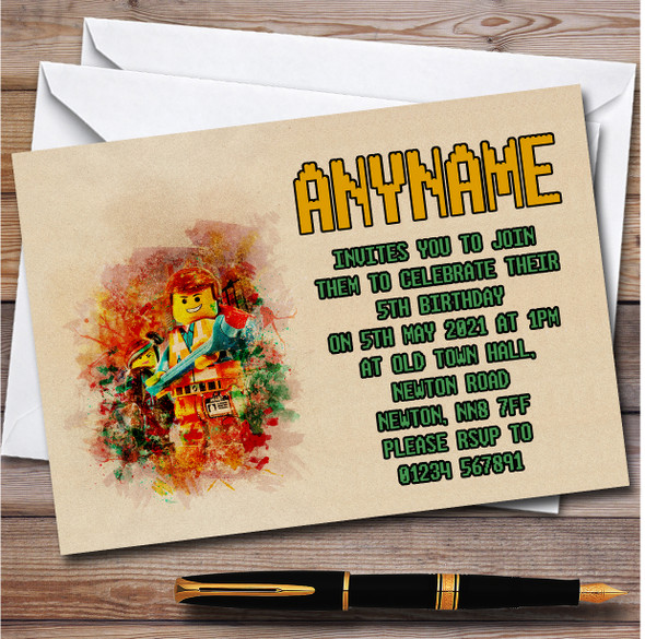 The Lego Movie Watercolor Splatter Children's Birthday Party Invitations