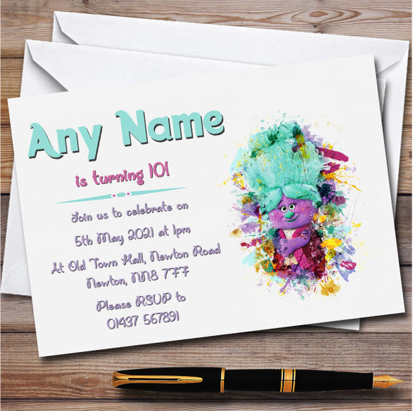 Trolls Purple Watercolor Splatter Children's Birthday Party Invitations