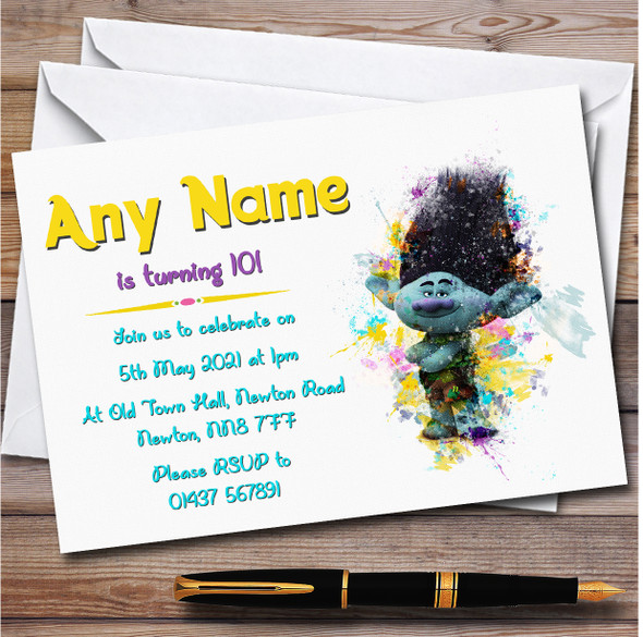 Trolls Blue Watercolor Splatter Children's Birthday Party Invitations