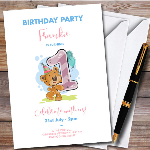 Cute Bear 1St personalized Children's Kids Birthday Party Invitations