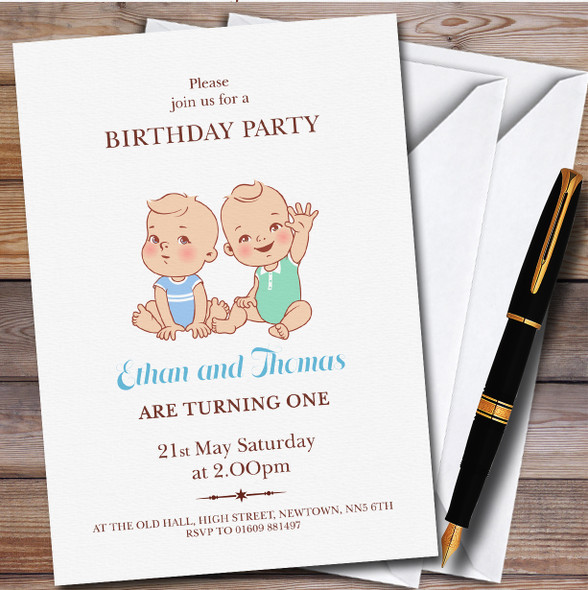 Light Skin Two Boy Twin Babies Children's Birthday Party Invitations