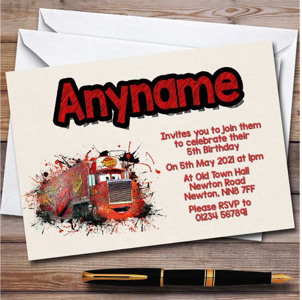 Cars Mack Watercolor Splatter Children's Birthday Party Invitations