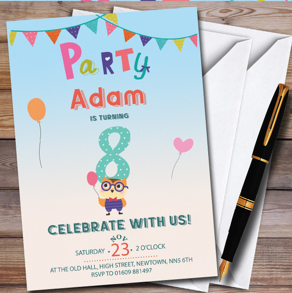 Owl 8Th personalized Children's Kids Birthday Party Invitations