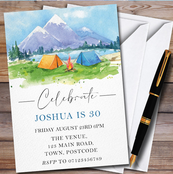 Watercolor Tents Camping Mountains personalized Birthday Party Invitations
