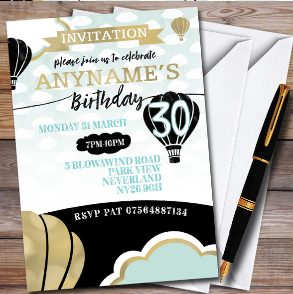 Hot Air Balloons Gold & Black Chic personalized Birthday Party Invitations