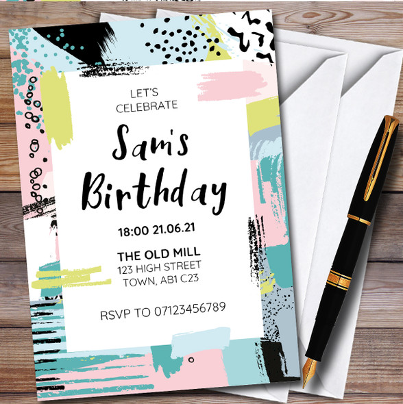 Modern Abstract Painted Border personalized Birthday Party Invitations