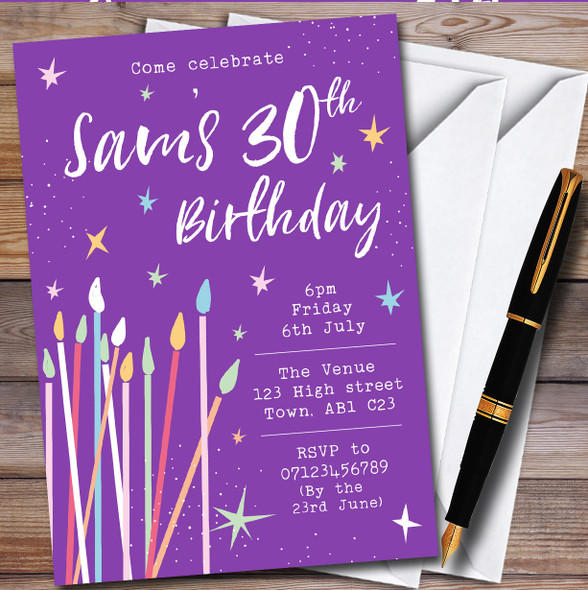 Candles And Stars Celebrate Bright Purple Birthday Party Invitations