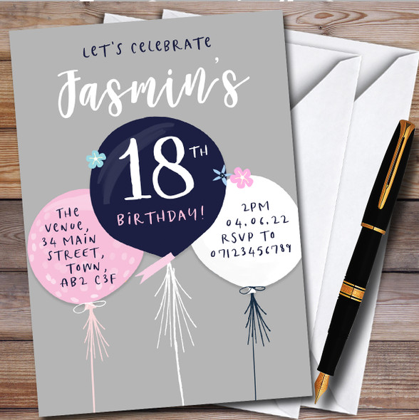 Simple Modern Balloons Grey personalized Birthday Party Invitations