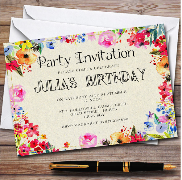 Craft & Watercolor Floral personalized Birthday Party Invitations