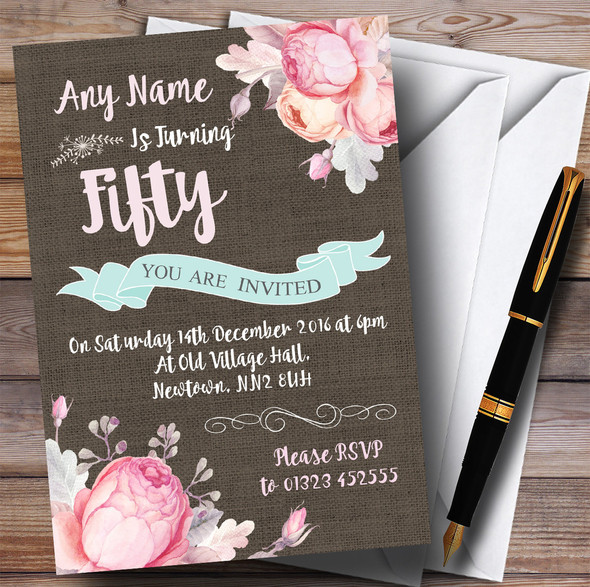 Vintage Burlap Style Floral 50th Personalized Birthday Party Invitations