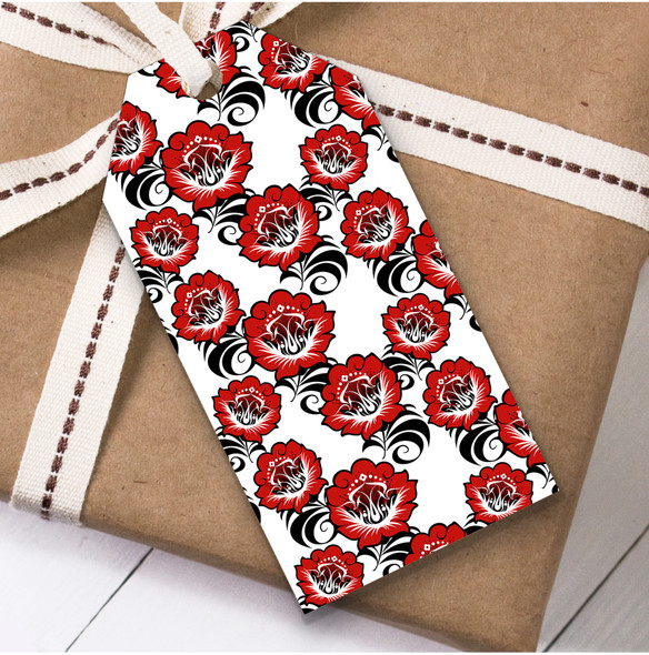 Red White And Black Floral Black Swirl Leaves Birthday Present Favor Gift Tags