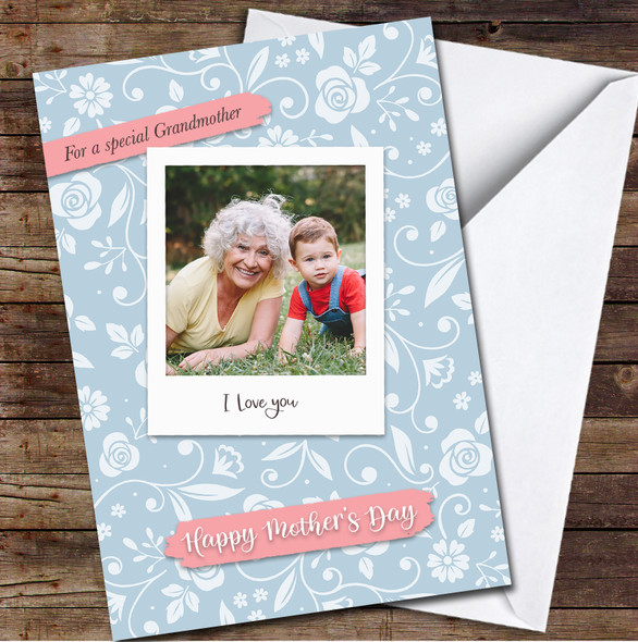 Your Photo Blue Pattern Background Personalized Mother's Day Card