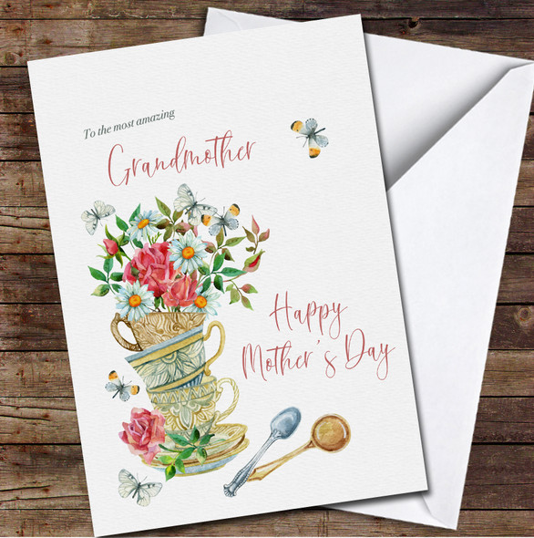 Watercolor Tea Cups Spoon, Flowers And Butterfly Personalized Mother's Day Card