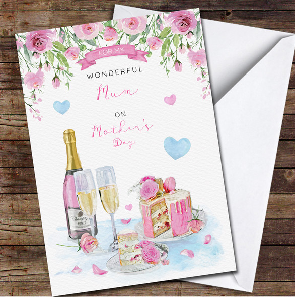 Cake And Champagne Flowers Pink Painted Mum Personalized Mother's Day Card