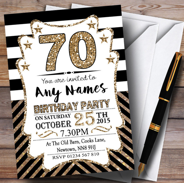 Black & White Bronze Chevrons 70th Personalized Birthday Party Invitations