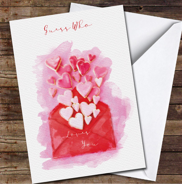 Guess Who Loves You Heart Envelope Watercolor Personalized Valentine's Day Card