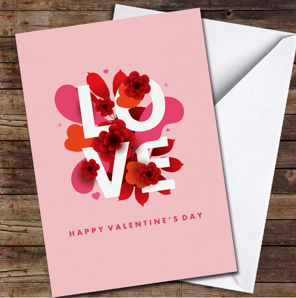 Love Word Flowers Pink Hearts Personalized Valentine's Day Card