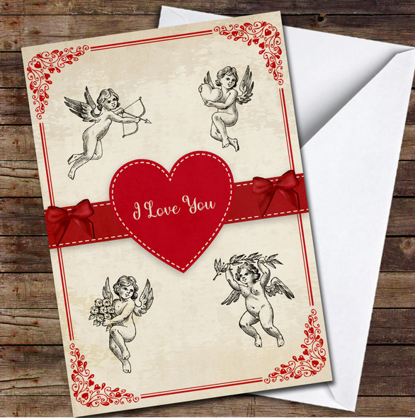 Vintage Heart Angels Personalized Valentine's Day Card - Red Heart