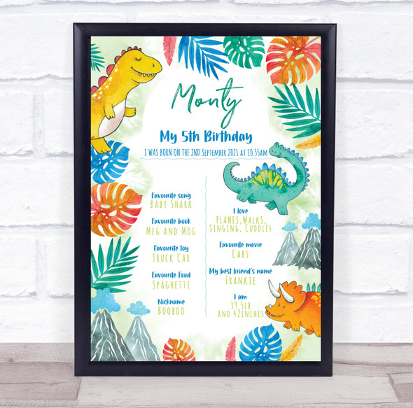 Dinosaurs Birthday Favourite Things Milestones Achievements Interests Gift Print