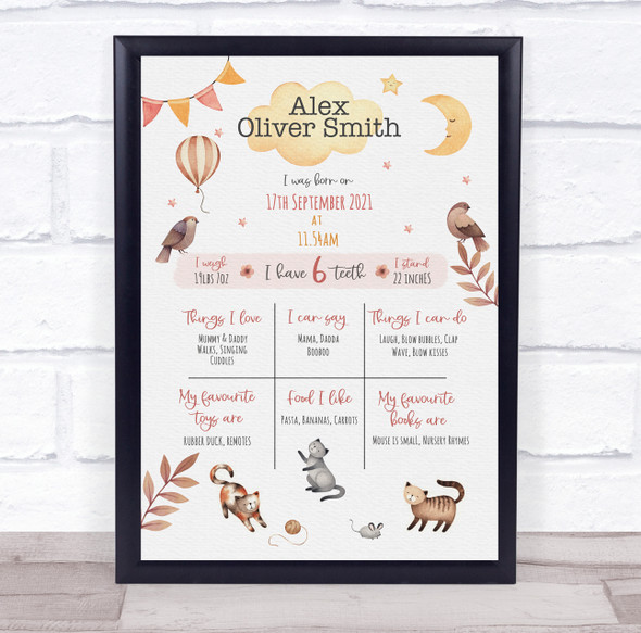 1st Birthday First Year Baby Milestones Interests Vintage Cats Print