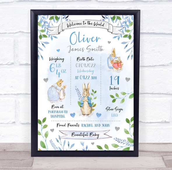 New Baby Birth Details Nursery Christening Blue Peter Rabbit Keepsake Gift Print