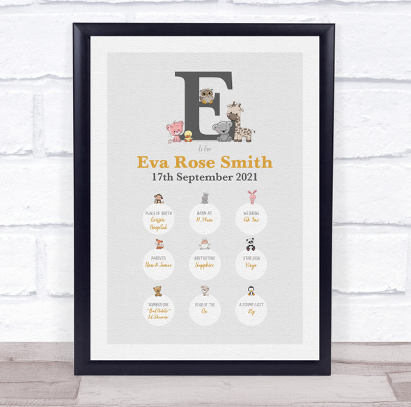 New Baby Birth Details Christening Nursery Animals Initial E Keepsake Gift Print