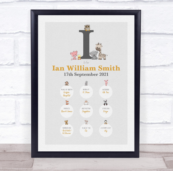 New Baby Birth Details Christening Nursery Animals Initial I Keepsake Gift Print