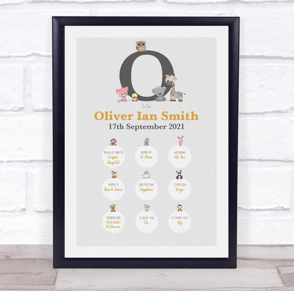 New Baby Birth Details Christening Nursery Animals Initial O Keepsake Gift Print