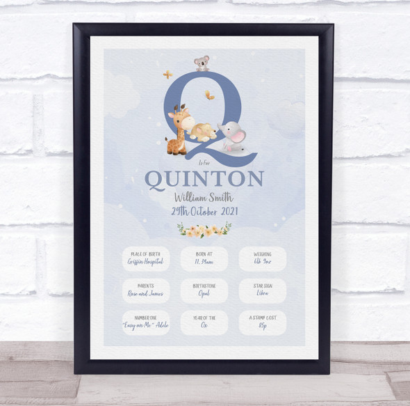 New Baby Birth Details Christening Nursery Blue Initial Q Keepsake Gift Print