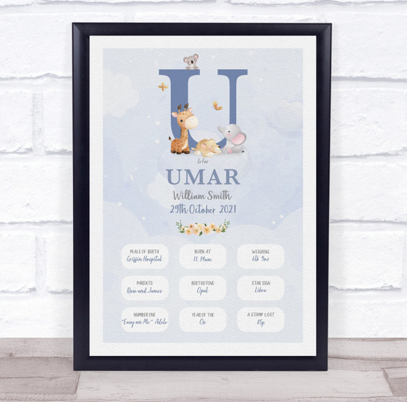 New Baby Birth Details Christening Nursery Blue Initial U Keepsake Gift Print