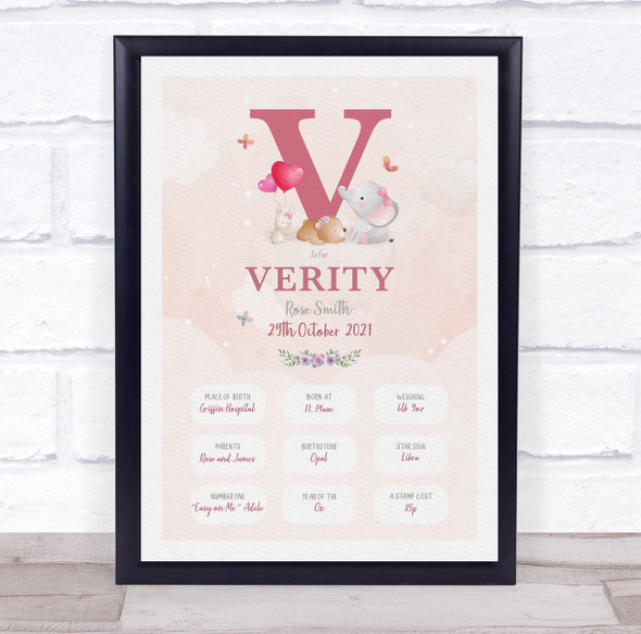 New Baby Birth Details Christening Nursery Pink Initial V Keepsake Gift Print