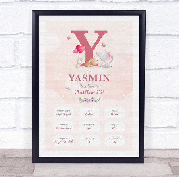 New Baby Birth Details Christening Nursery Pink Initial Y Keepsake Gift Print