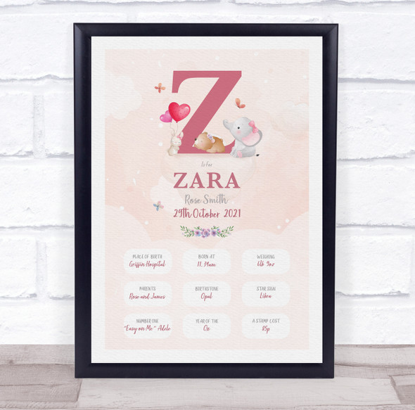 New Baby Birth Details Christening Nursery Pink Initial Z Keepsake Gift Print