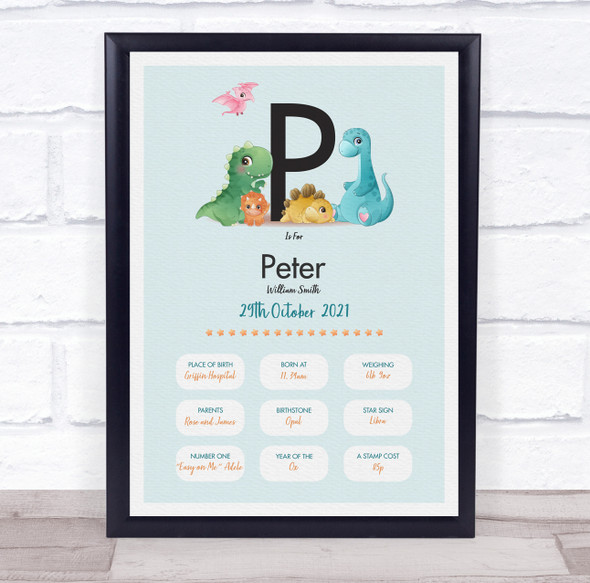 New Baby Birth Details Christening Nursery Dinosaur Initial P Gift Print