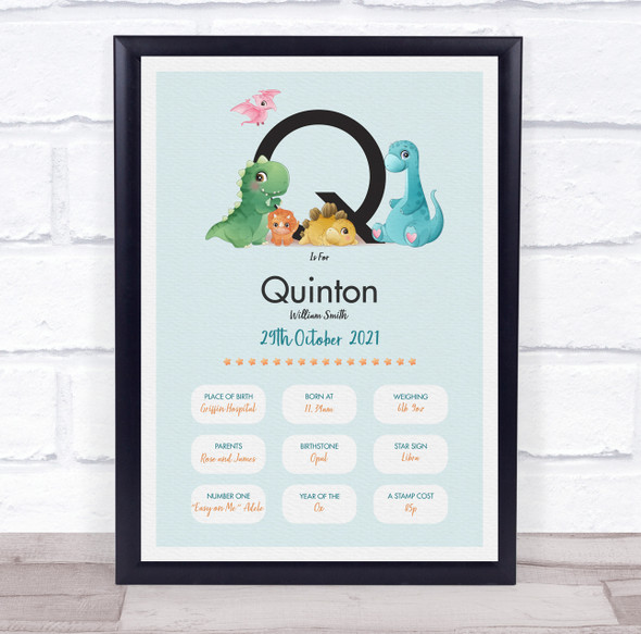 New Baby Birth Details Christening Nursery Dinosaur Initial Q Gift Print