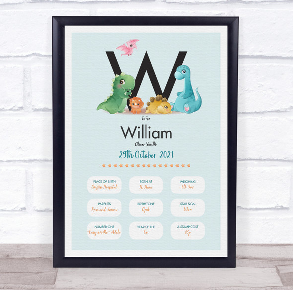 New Baby Birth Details Christening Nursery Dinosaur Initial W Gift Print