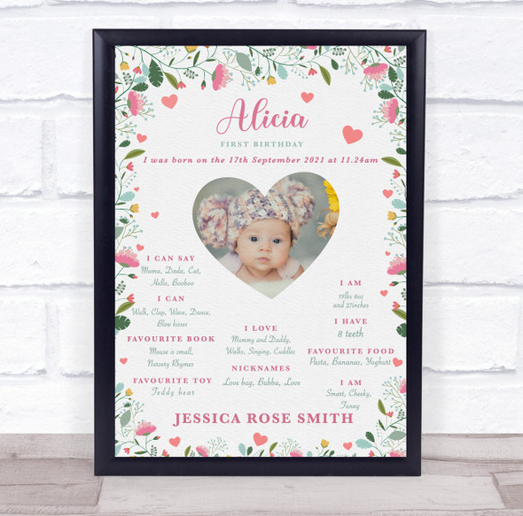 1st Birthday First Year Baby Milestones Interests Heart Photo Floral Print
