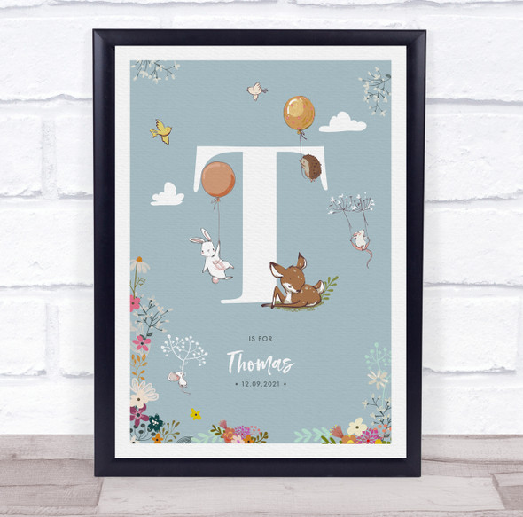 New Baby Birth Details Christening Nursery Woodland Animals Initial T Gift Print