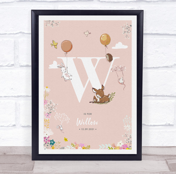 Baby Birth Details Nursery Christening Woodland Animals Pink Initial W Print