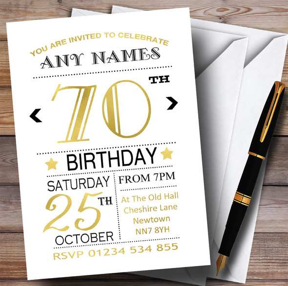 White Black & Gold 70th Personalized Birthday Party Invitations