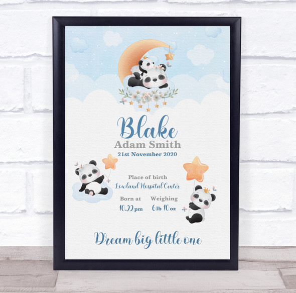 New Baby Birth Details Christening Nursery Panda Bears Keepsake Gift Print