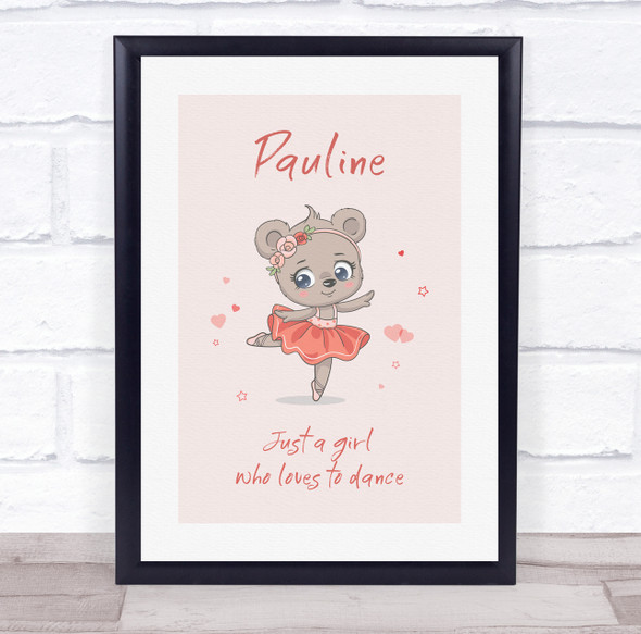 Ballerina Bear Heart Personalised Children's Wall Art Print