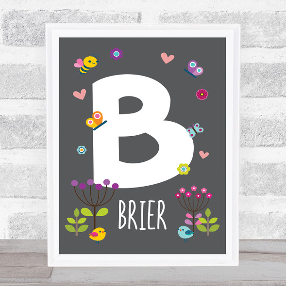 Grey Floral Butterfly Bird Initial B Personalised Children's Wall Art Print