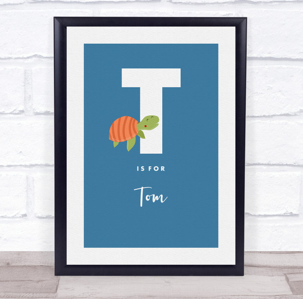 Initial Letter T With Tortoise Personalised Children's Wall Art Print