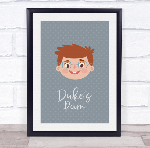 Face Of Boy With Brown Hair Glasses Room Personalised Children's Wall Art Print