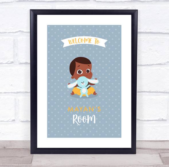 Dark Skiing Baby Boy Playing Toy Room Personalised Children's Wall Art Print