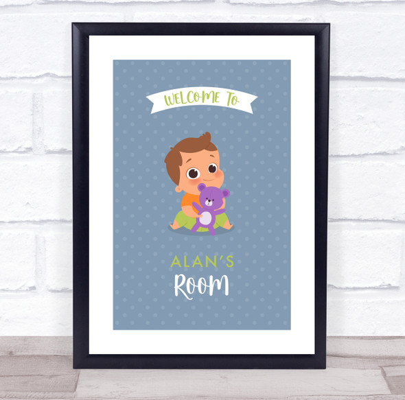 Brunette Boy Playing With Toy Room Personalised Children's Wall Art Print